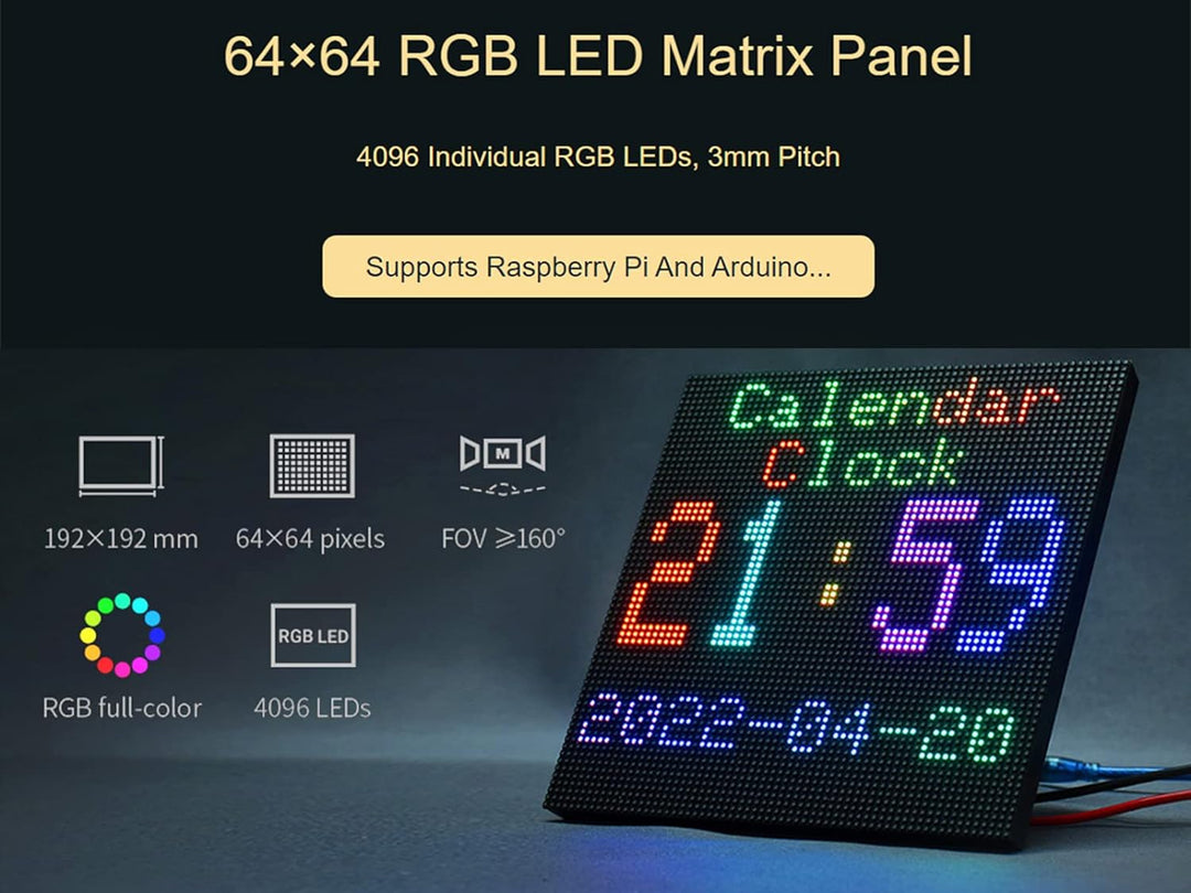 Waveshare RGB Full-Color LED Matrix Panel 3mm Pitch 64×64 Pixels 4096 Individual RGB LEDs Adjustable
