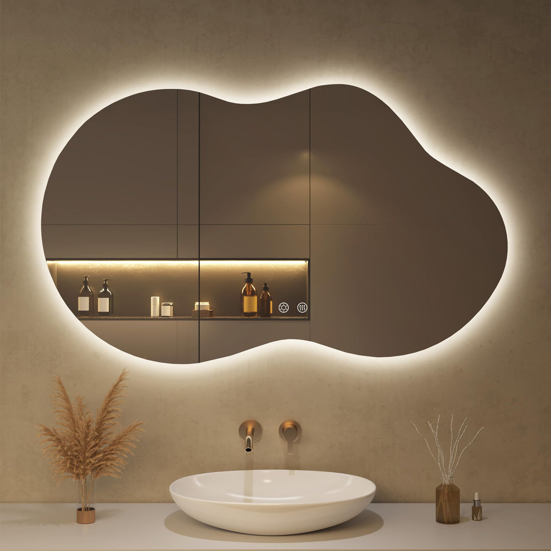 Spiegel mit Beleuchtung Asymmetrischer LED Badspiegel 100 x 60 cm mit Touch-Schalter, Dimmbar 3 Lich