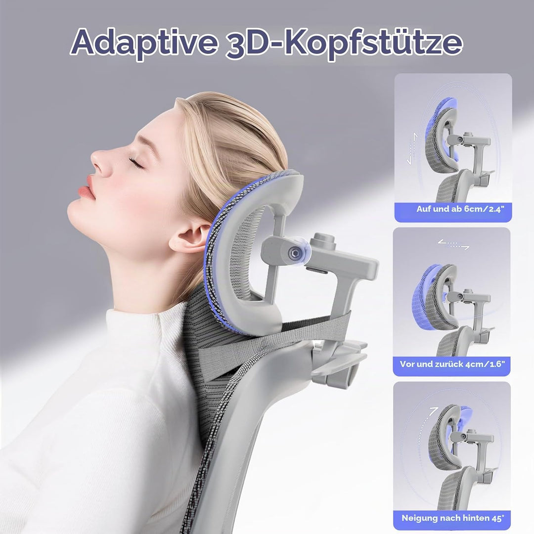 Ergonomischer Bürostuhl Schreibtischstuhl, Netzstoff Drehstuhl mit 2D-Lendenwirbelstütze &amp; 3D-Kopfst