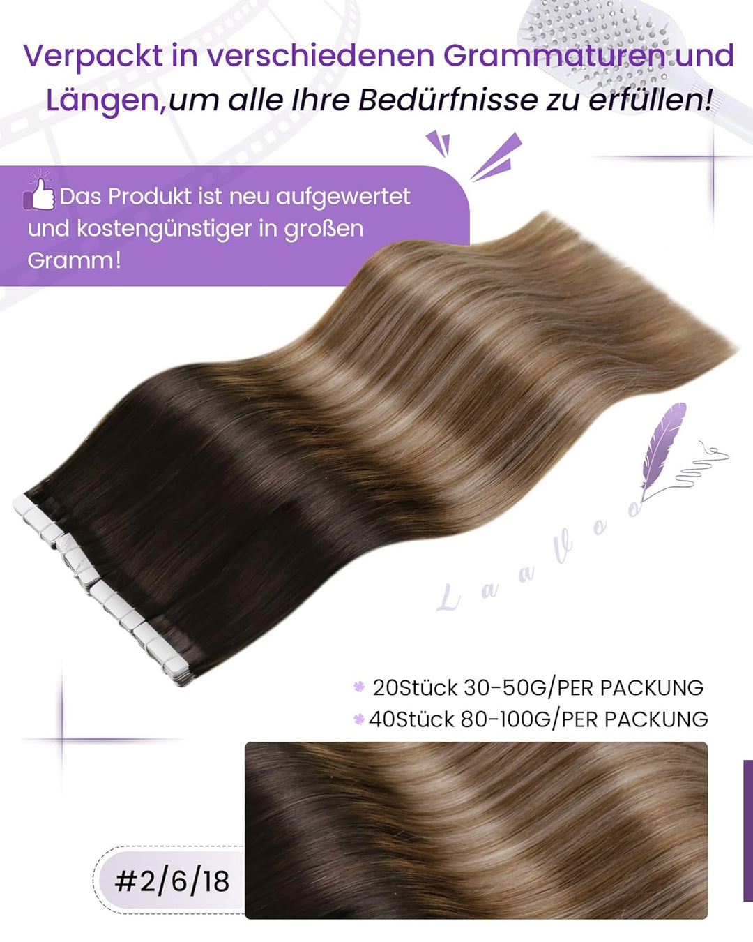 LaaVoo Tape Extensions Echthaar 40cm Dunkel Braun Balayage Mittel Braun Ombre Hell Goldbraun Remy Ta