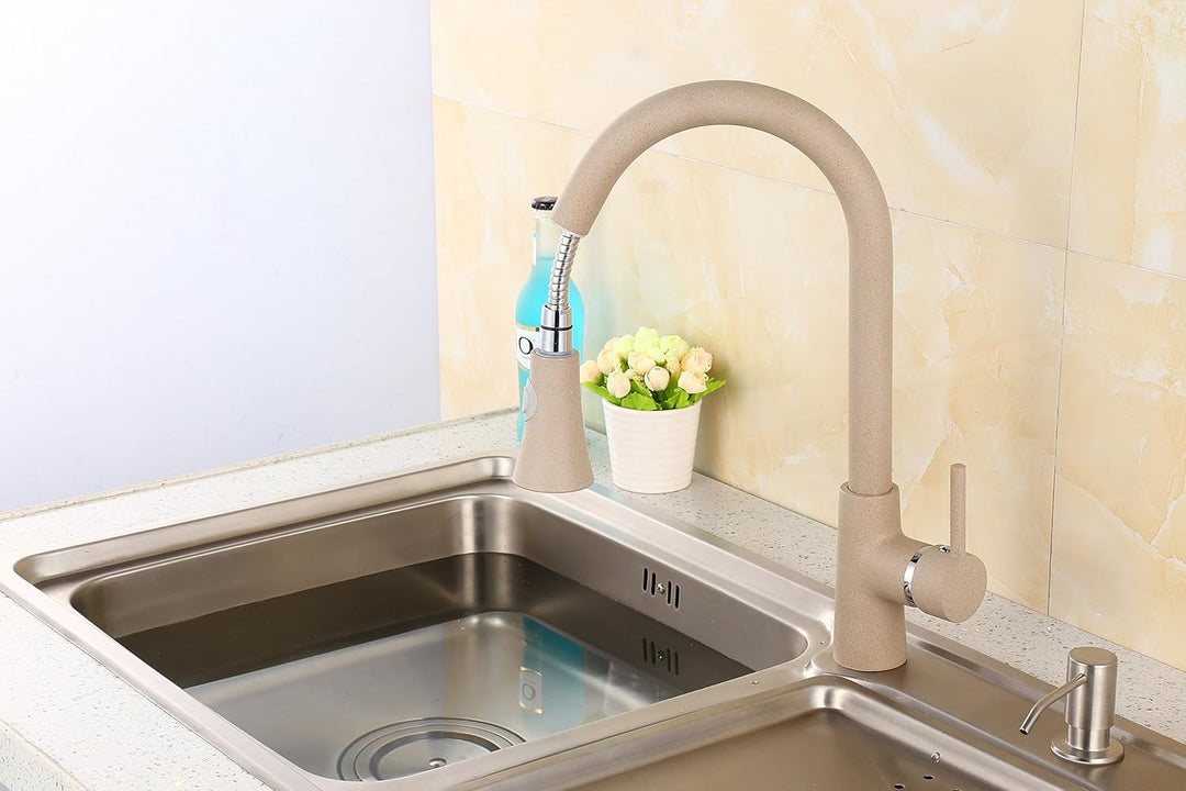 ZXC Hochdruck Profi Küchen Armatur Einhand Mischbatterie mit ausziehbarer Brause in Granit Beige, Be