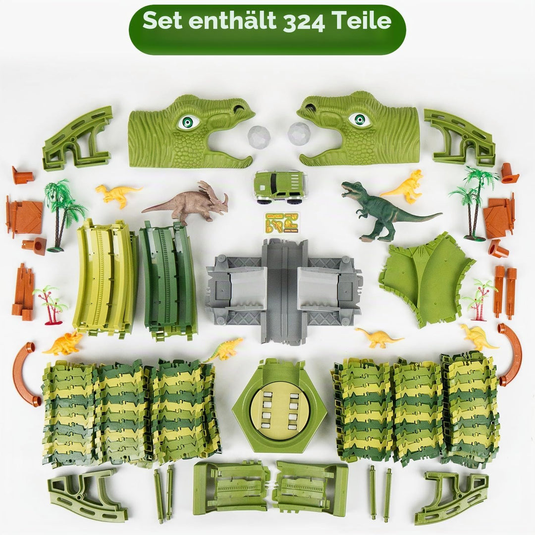 CELMAN Dinosaurier Spielzeug - Flexibles Rennbahn mit viele Teilen und Geländewagen, Autorennbahn Sp