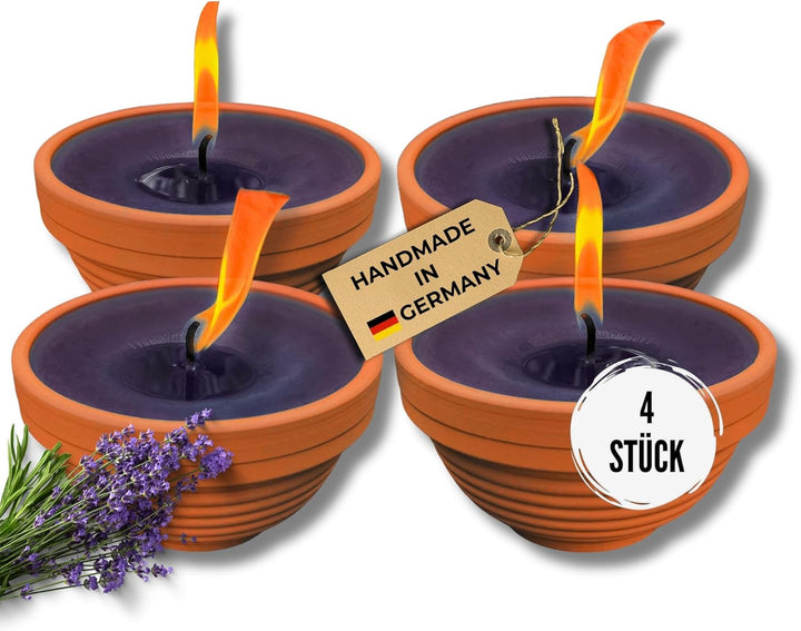Lavalis 4X Lavendel Kerze mit Duft in Terrakotta-Schale, Alternative zu Citronella-Kerze, Handbefüll