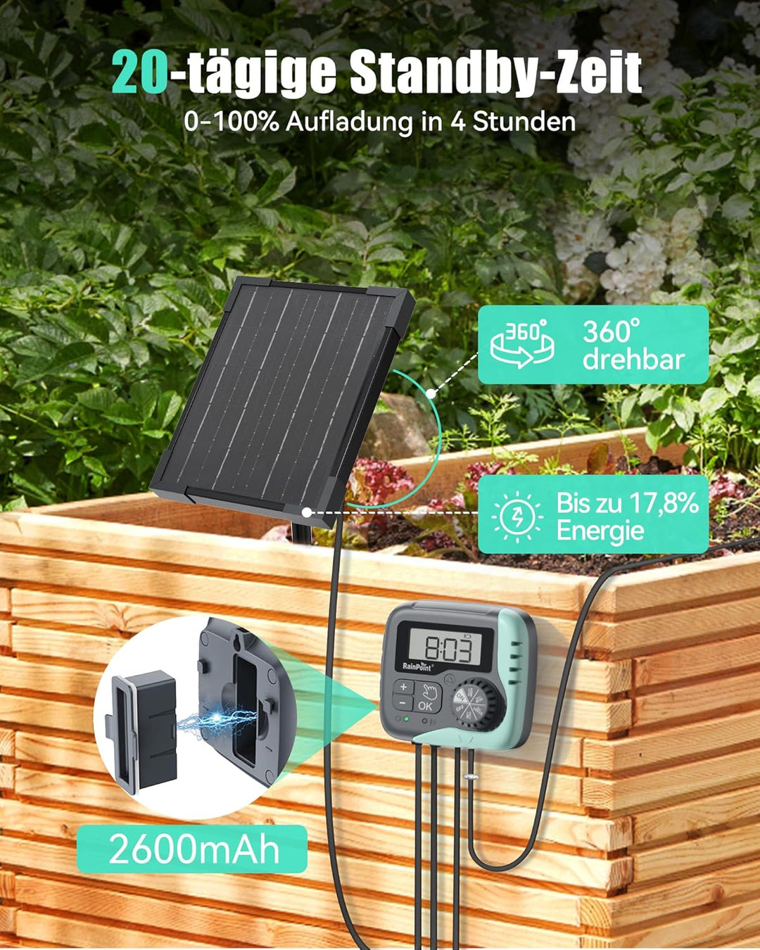 RAINPOINT Solar Bewässerungssystem, 45L/H Automatische Solar Bewässerung mit Programmierbarem Timer,