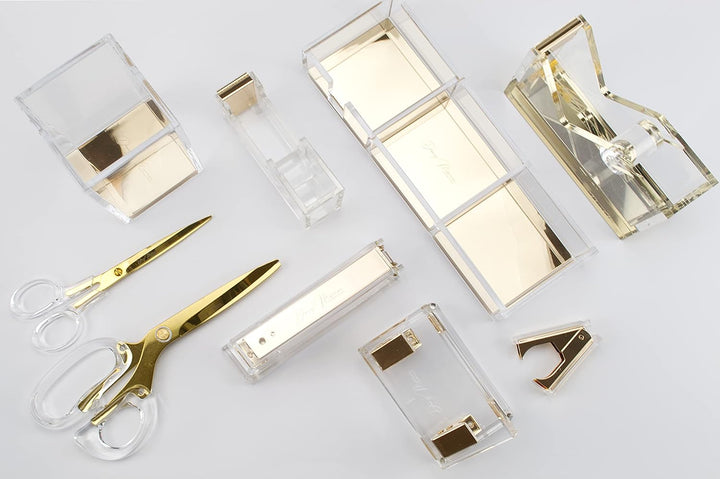 Dany Marcus Klebebandabroller, eleganter, grosser Tischabroller aus transparentem Acryl mit Gold