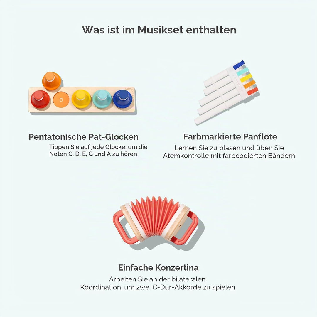 Lovevery The Music Set, Mehrfarbig/Meereswellen (Ocean Tides), Medium, 6 Musikinstrumente, Buch mit
