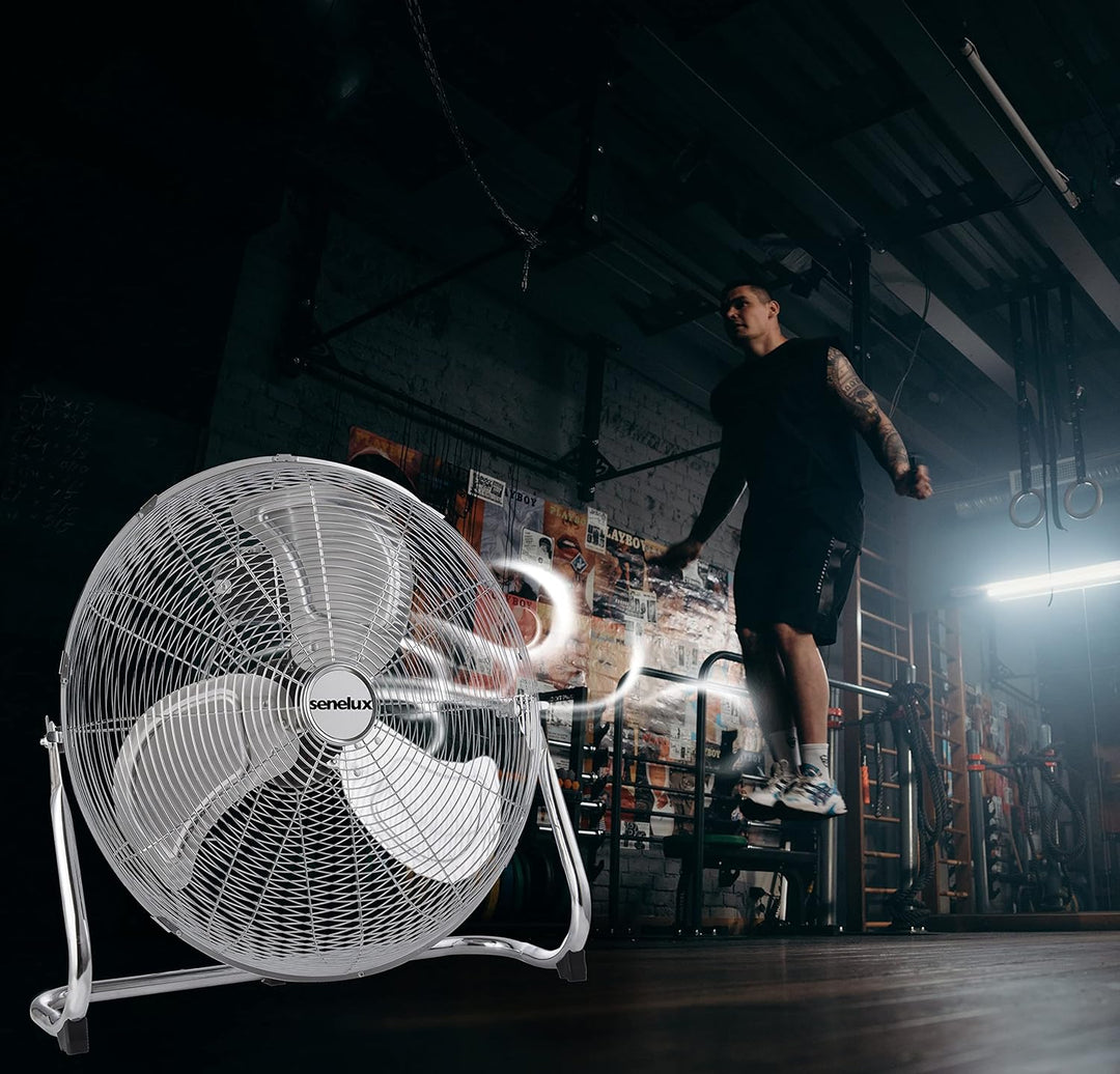 Senelux Bodenventilator - Chrome Gym Fan - 50,8 cm elektrischer tragbarer Lüfter für den Heim-/Fitne