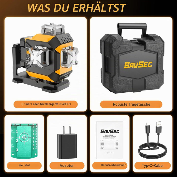 Kreuzlinienlaser, SAVSEC 3x360 Laser Wasserwaage mit Einstellbarer Helligkeit, Grün Selbstnivelliere