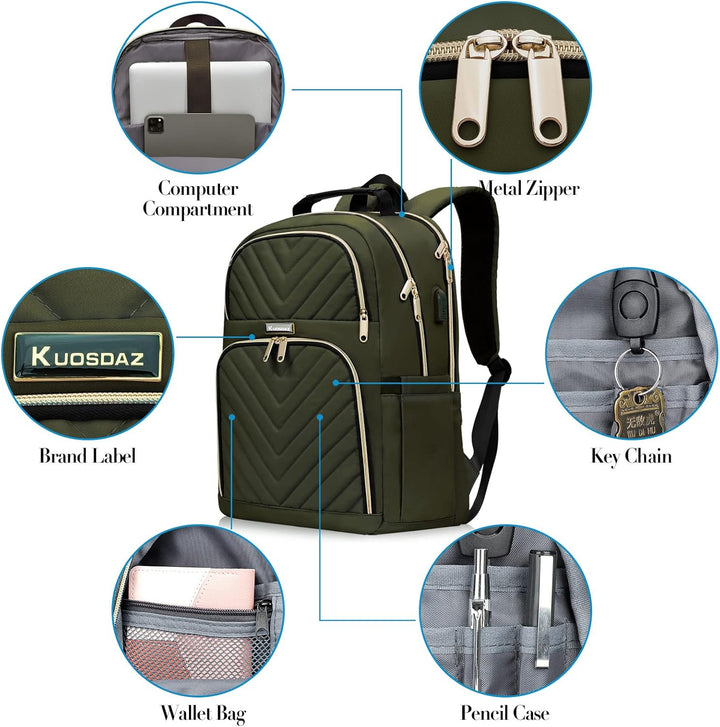 Kuosdaz Rucksack Damen, 15.6 Zoll Schulrucksack Mädchen Teenager mit USB Ladeanschluss, Laptop Rucks