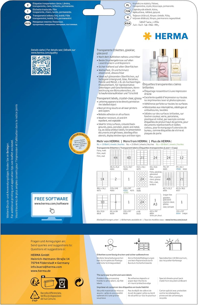 HERMA 8017 Wetterfeste Folienetiketten transparent, 25 Blatt, 63,5 x 38,1 mm, 21 Stück pro A4 Bogen,