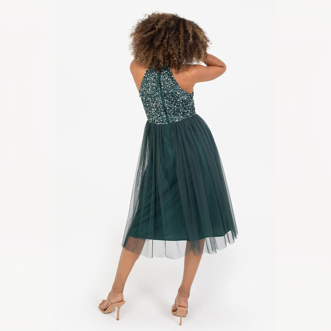 Maya Deluxe Damen Embellished Halter Neck Midi Bridesmaid Dress 44 Emerald Green, 44 Emerald Green