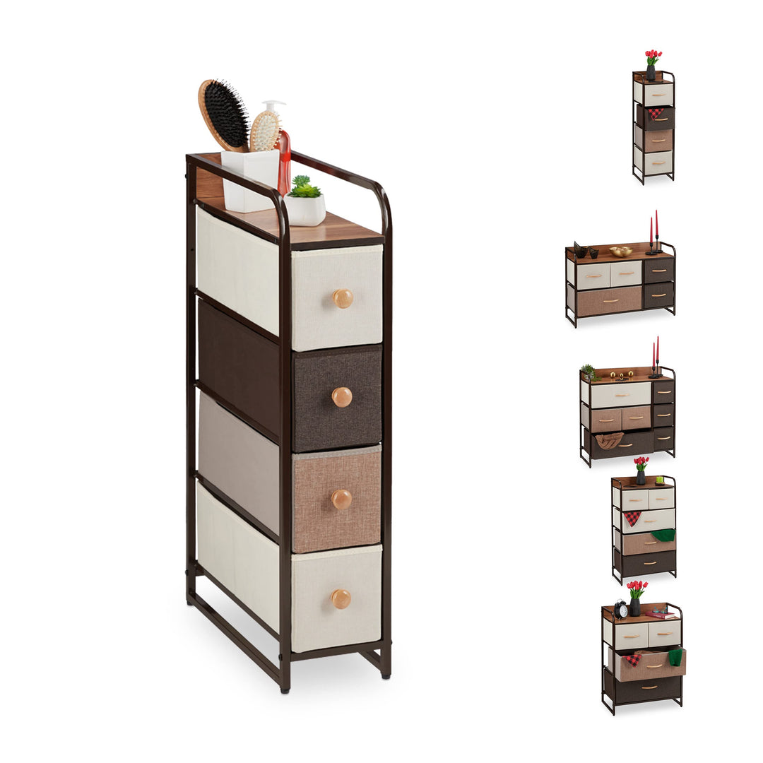 Relaxdays Schubladenschrank, 4 Stoff Fächer, schmal, mit Knauf, Ablage, Nischenschrank HBT 84,5 x 20