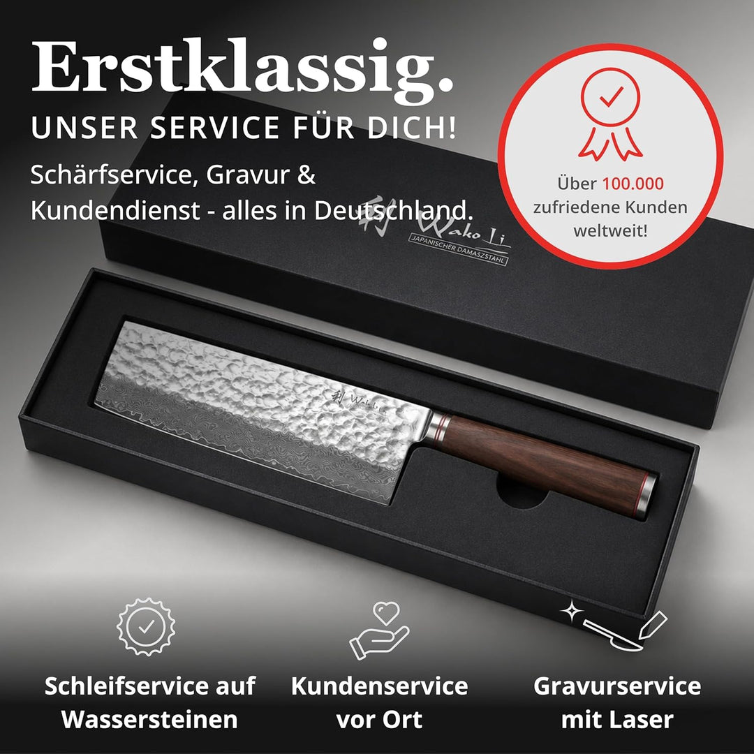 Wakoli Nussbaum Damastmesser Nakirimesser extrem scharfe 22,50 cm Klinge aus 67 Lagen I Damast Küche
