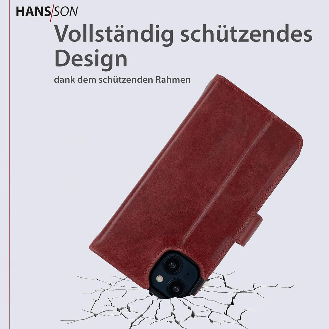 HANS/SON Echtlederhülle für iPhone 14 Plus | 6,7 Zoll | 2 in 1 Ledercase mit Kartenfächern | Roter G