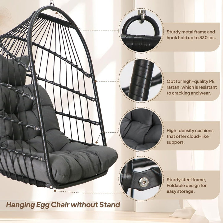 Hängesessel Faltbarer Korb-Hängesitz Rattan-Hängestuhl mit Edelstahl Aufhängeset Kettenglied UV-best