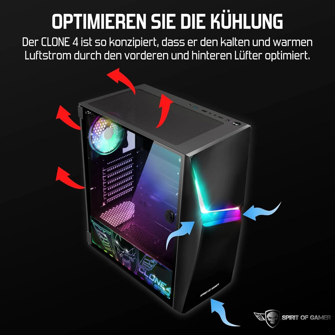 Spirit of Gamer - Clone 4 - PC Gehäuse RGB mit Durchsichtiger Wand Aus Gehärtetem Glas - Erstellen S