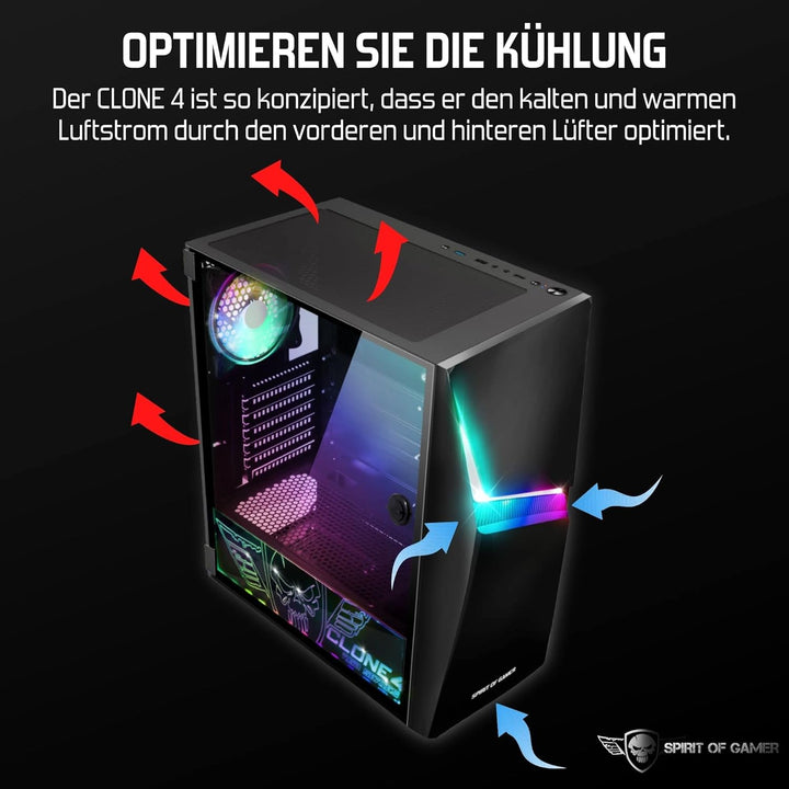 Spirit of Gamer - Clone 4 - PC Gehäuse RGB mit Durchsichtiger Wand Aus Gehärtetem Glas - Erstellen S