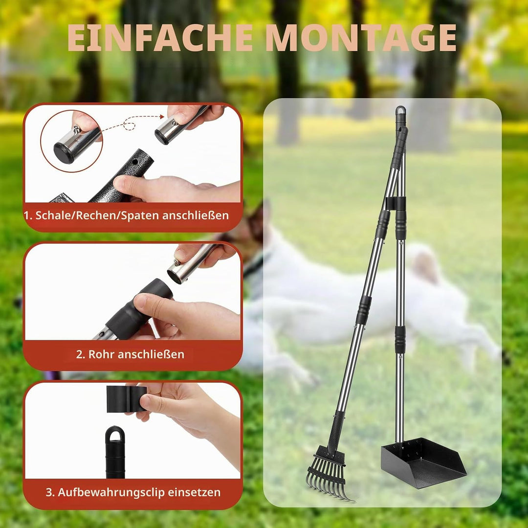 Hundekotschaufel Set mit 96cm langem Griff – Abnehmbares Metalltablett, Rechen für grosse, mittelgro
