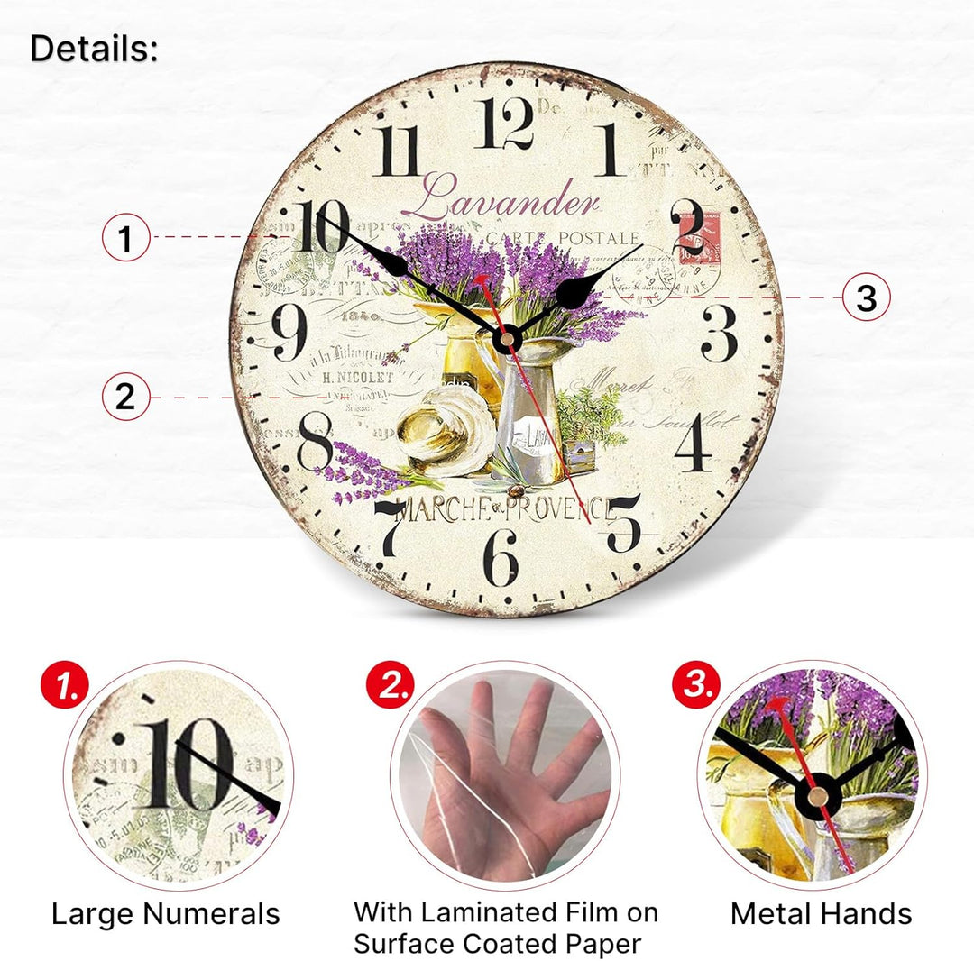 TAHEAT 30 cm Lila Lavendel Blume Wanduhr, Holz Rustikale Vintage Uhren, Leise Ohne Tickgeräusche Lan