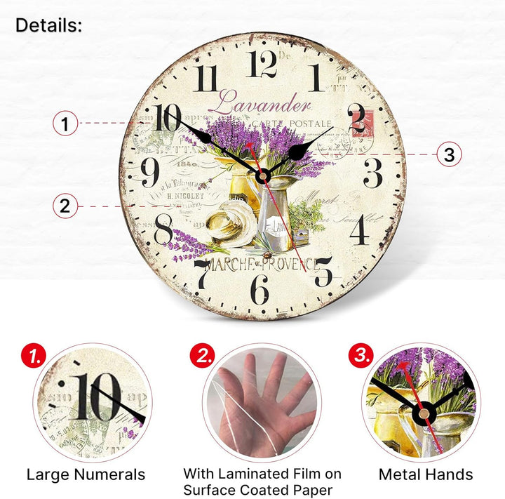 TAHEAT 30 cm Lila Lavendel Blume Wanduhr, Holz Rustikale Vintage Uhren, Leise Ohne Tickgeräusche Lan
