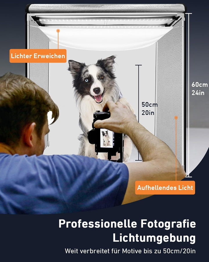DUCLUS 60cm Fotobox Professionell | 24" Tragbare Photobox mit 50W 5600K LED (CRI≥96) & Dimmbarem Lic