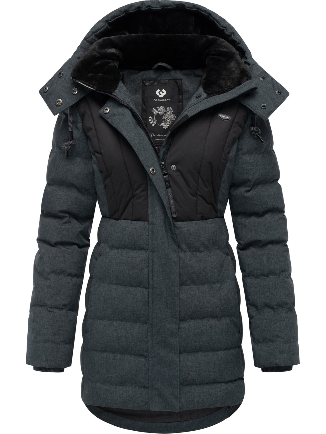 Ragwear Damen Wintermantel Warmer wasserdichter Steppmantel lang mit Kapuze Ashanta Block XS-6XL XXL