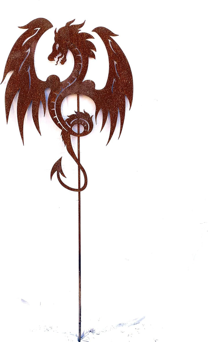 STEINFIGURENWELT GIEBEN Mächtiger Drache 60x46cm + Stab Gartenstecker Edelrost Drachen Figur, Mächti