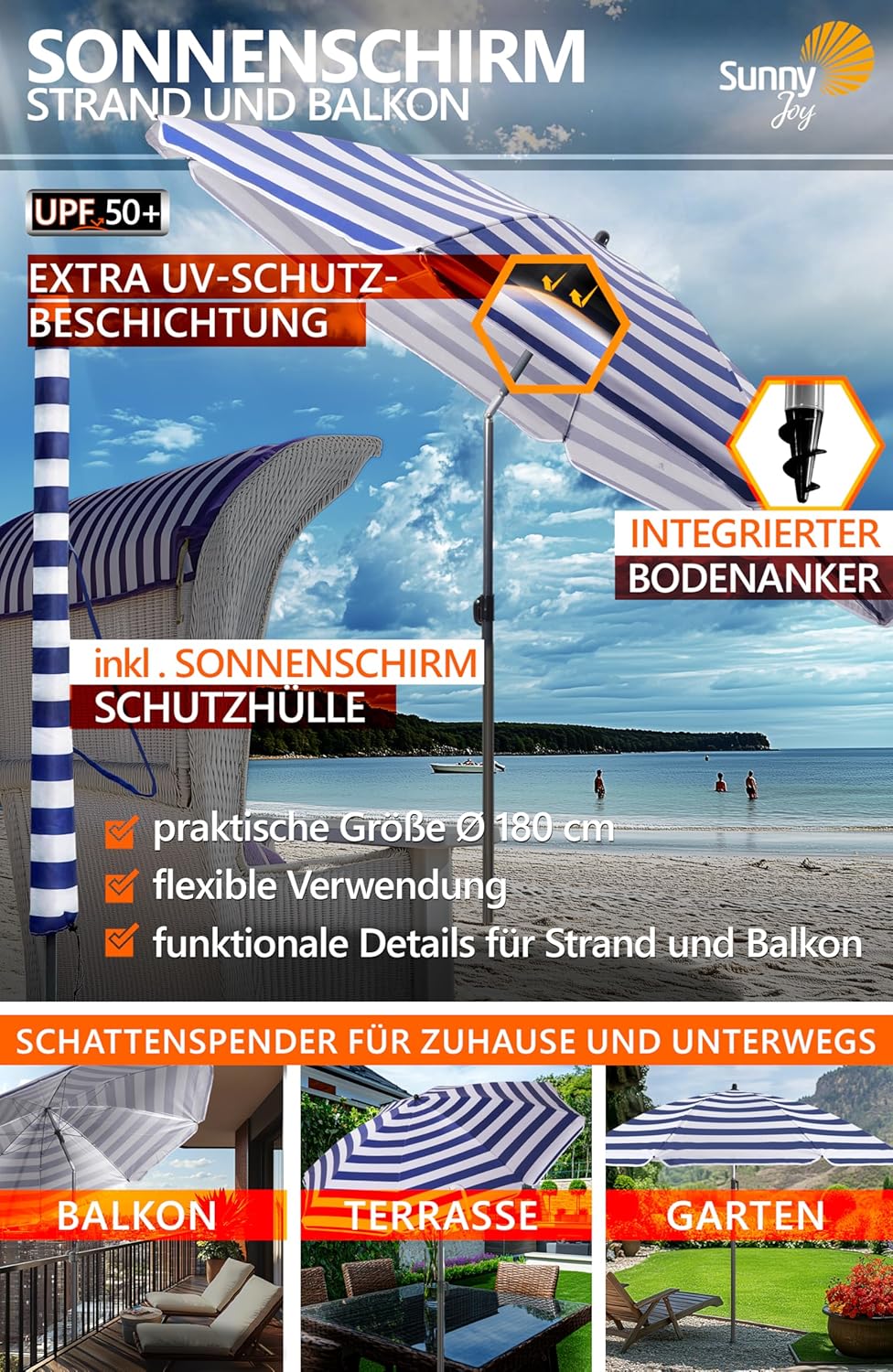 4smile Sonnenschirm Strand SunnyJoy Ø 180 cm, inkl. Hülle - UPF 50+ Strandschirm, Sonnenschirm Balko