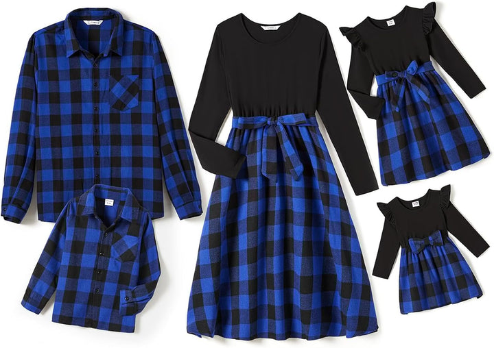 PATPAT Familien Outfit Set-Langarm, Mutter Tochter Kleid und Partnerlook Hemd, Family Matching Outfi