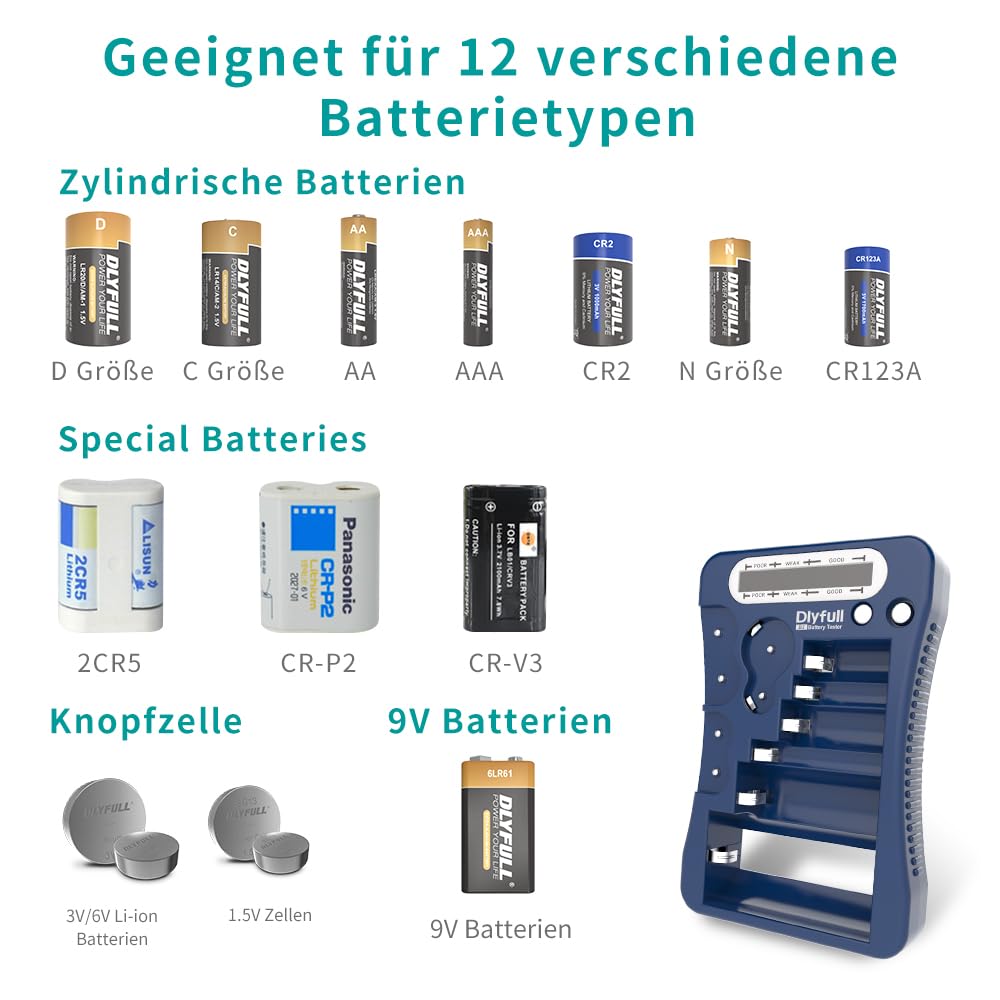 Dlyfull LCD Universal Batterietester für AA AAA C D 9V Digitaler Testgerät für CR123A CR2 CRV3 2CR5