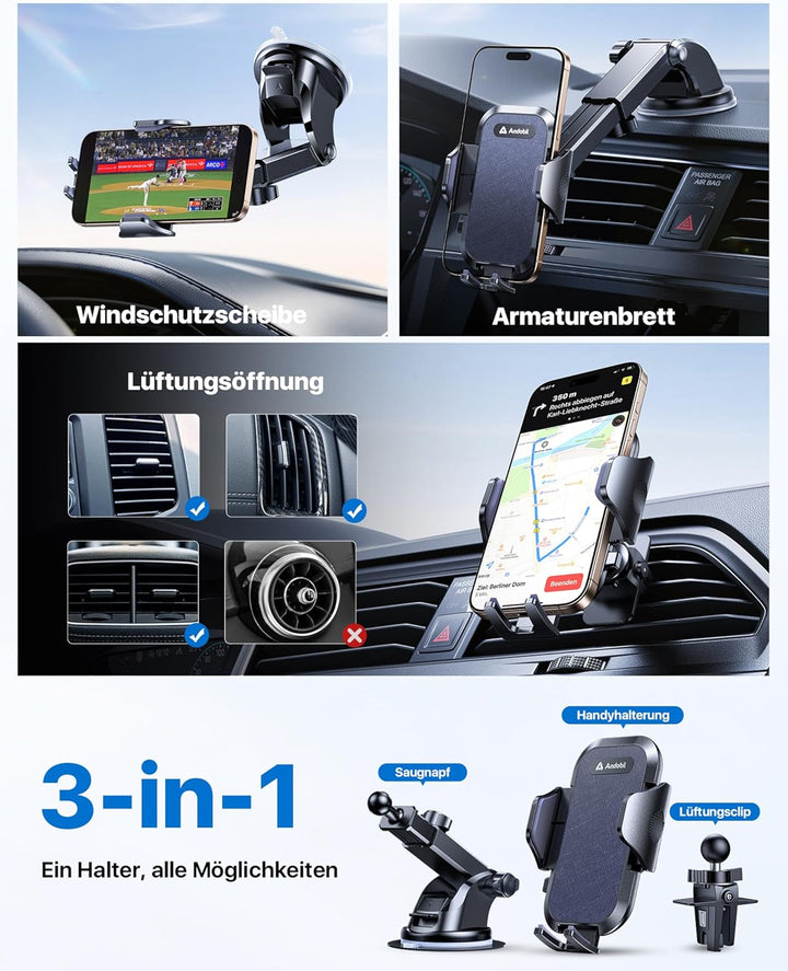 andobil Handyhalterung Auto [2025 Neueste Saugnapf] 3 in 1 Saugnapf & Lüftung Halter Universale KFZ