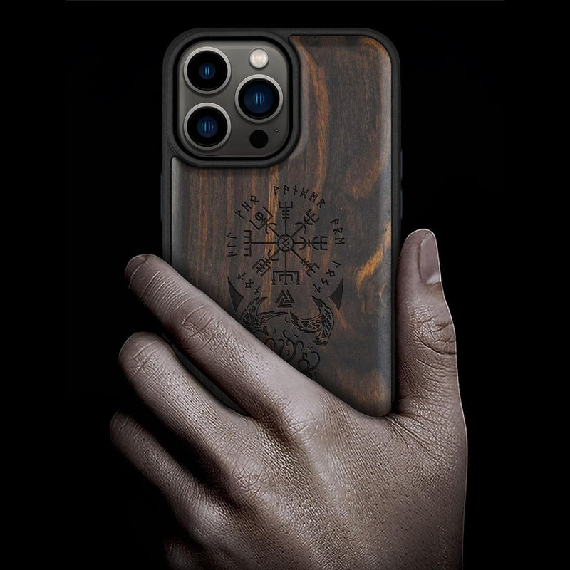 Carveit Holz Cover für iPhone 15 Pro Max hülle, Kompatibel mit Magsafe Silikon Stossfeste Cover, Mag