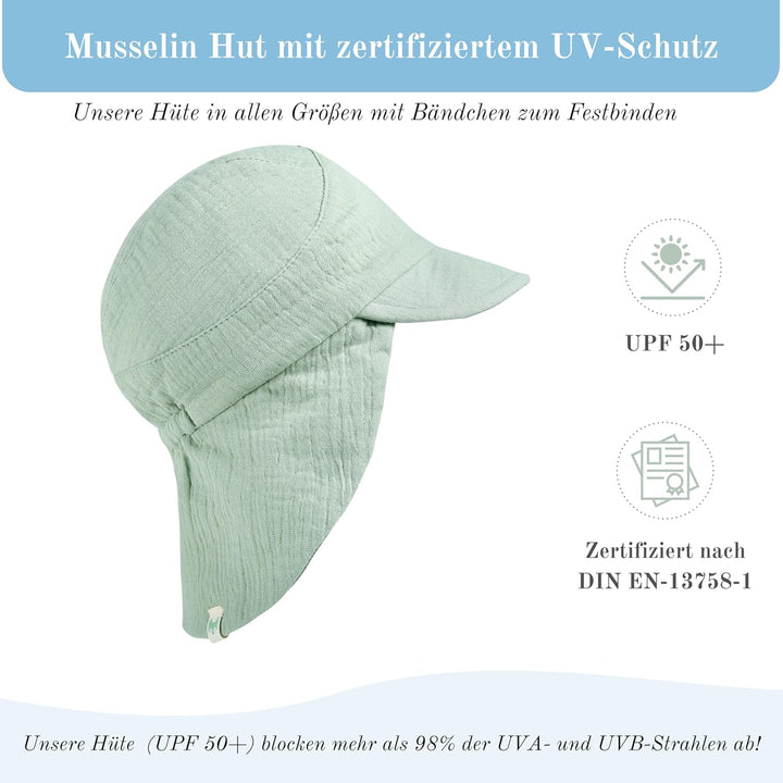 Musselin Schirmütze Sonnenhut mit Nacken- und Ohrenschutz UV-Schutz (UPF 50+) für Babys und Kinder -