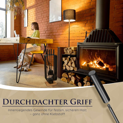 Kaminbesteck modern - Kamingarnitur schwarz mit Besen, Schaufel und Schürhaken - hochwertiger Ofenbe