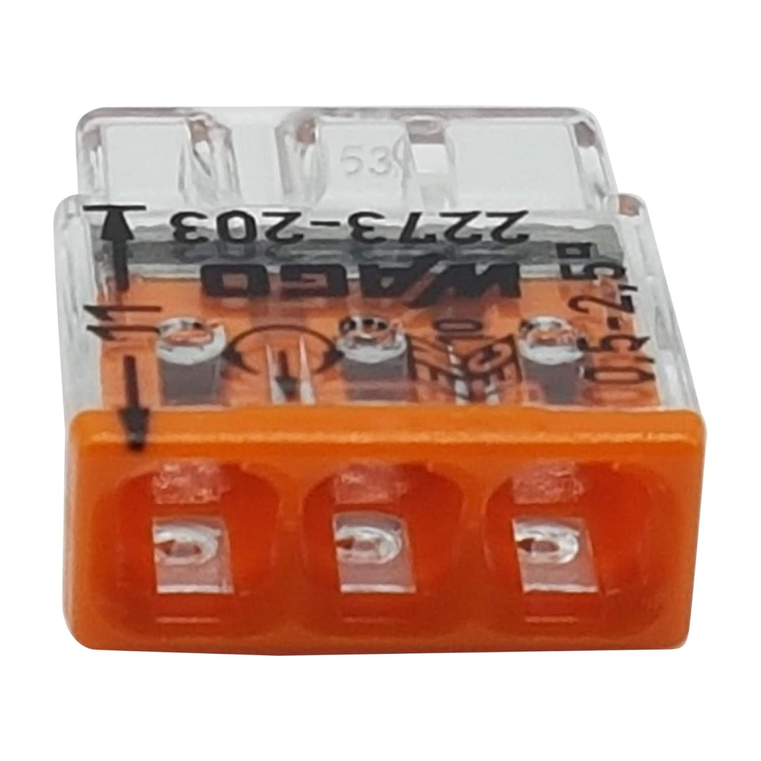 100 Stück Wago 2273-203 COMPACT-Verbindungsdosenklemme Ø 0,5-2,5 mm², 3-polig, transparent/orange