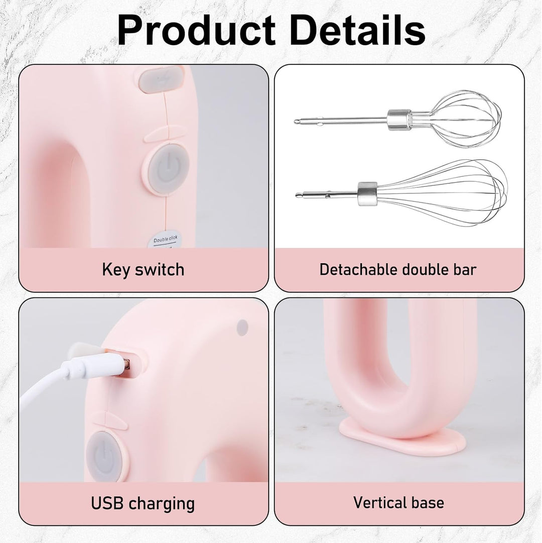 Kabelloser Handmixer Elektrischer, Mini-Handrührer mit 4 Stufen & 2 Schneebesen, Elektromixer USB-Wi