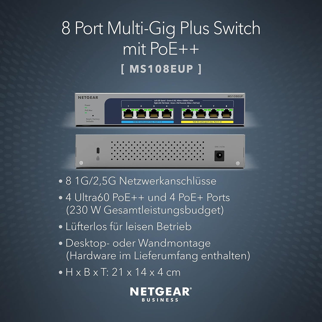 NETGEAR MS108EUP PoE Switch 8 Port Multi-Gig LAN Switch Ultra60 PoE++ 230W Plus (Managed Netzwerk Sw