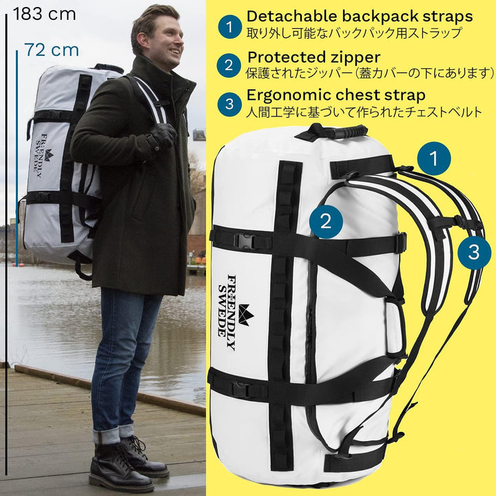 The Friendly Swede Wasserfeste Reisetasche Duffle Bag Rucksack - 60L / 90L | Sporttasche mit Rucksac