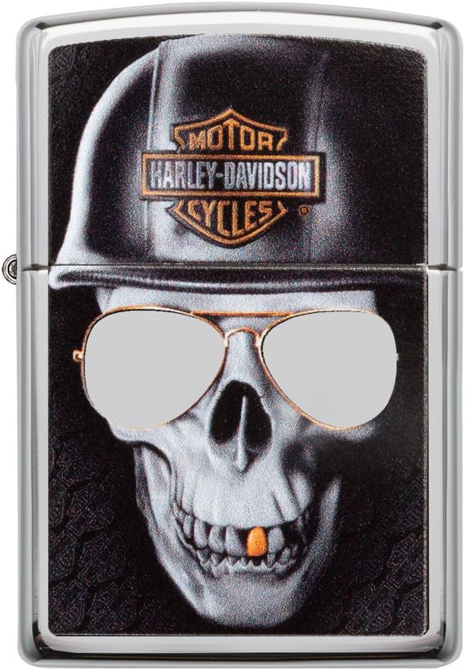 Zippo Sturmfeuerzeug mit Totenkopf-Motiv, Unisex, mit Sonnenbrille, goldfarbener Zahn, Chrom, regulä