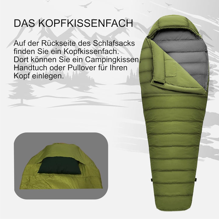 Mumienschlafsack Norskskin Ultralight 220 Grün Koppelbar Extrem - 6°C Schlafsack mit Kopfkissenfach