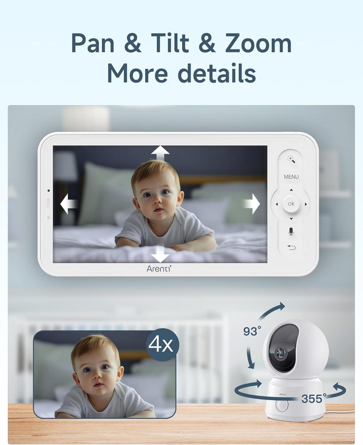 ARENTI Babyphone mit 2 Kamera und App mit 5" Display, 1080P PTZ Video Babyfon mit Kamera, One-Touch-