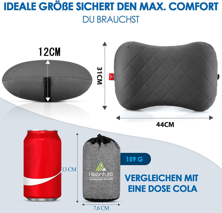 HIKENTURE Aufblasbares Camping/Reise Kissen mit Abziehbarem Kissenbezug, Ergonomisches Kopfkissen, K