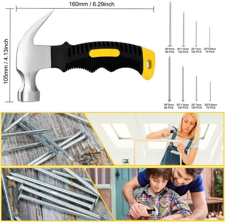 560 Stück kleine Nägel zum Aufhängen von Bildern, Sortimentsset & 325 g kleiner Hammer, Mini-Hammer-