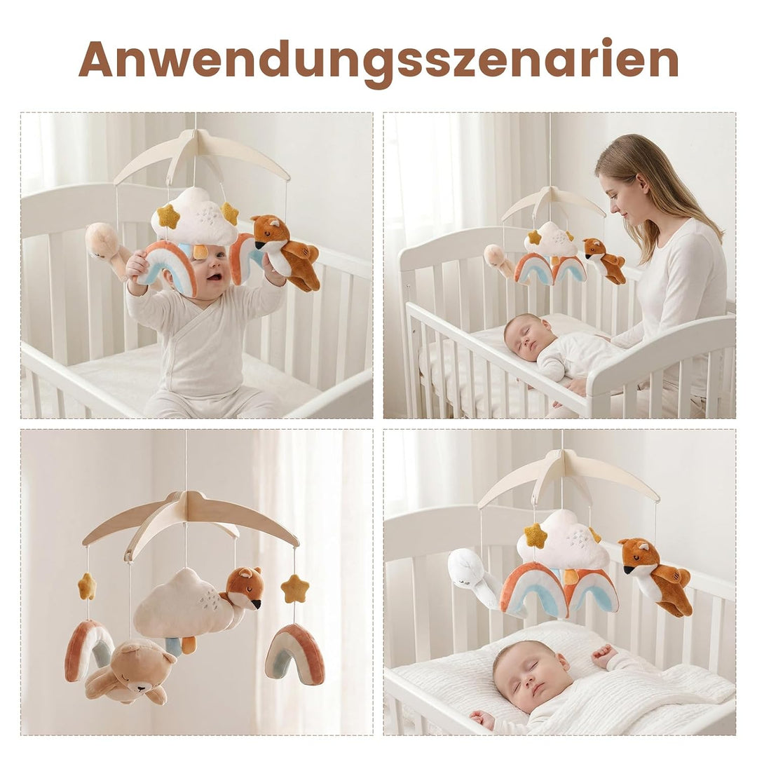 Baby Mobile Holz für Babybett, Regenbogen Wolke mit Plüsch Bär, Fuchs Mobile Baby, Mobile Baby Winds