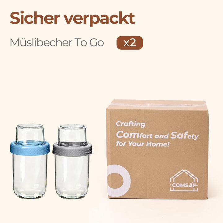 ComSaf Joghurtbecher to Go 2er Set, 480 ml Overnight Oats Gläser aus Glas mit 120 ml Topping-Fach, M