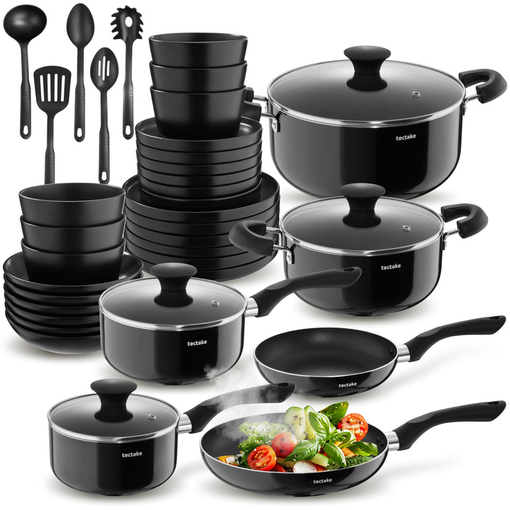 tectake® Küchenstarterset 6 Personen, Steingut Geschirr Set, Teller, 4 Töpfe 2 Pfannen rostfreies Al