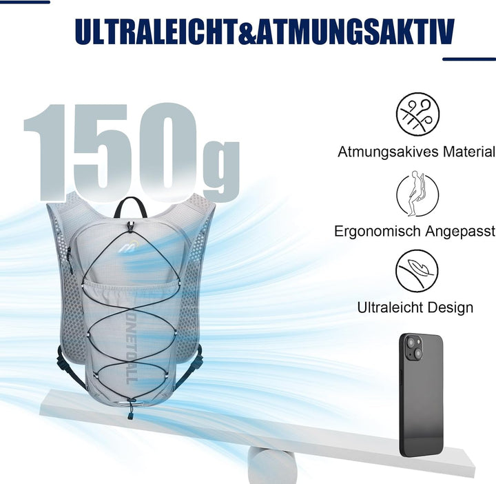 Laufweste Damen mit 500ml Trinkflasche/2L Trinkblase, Leichter Trinkrucksack Laufen Herren 6L, Runin