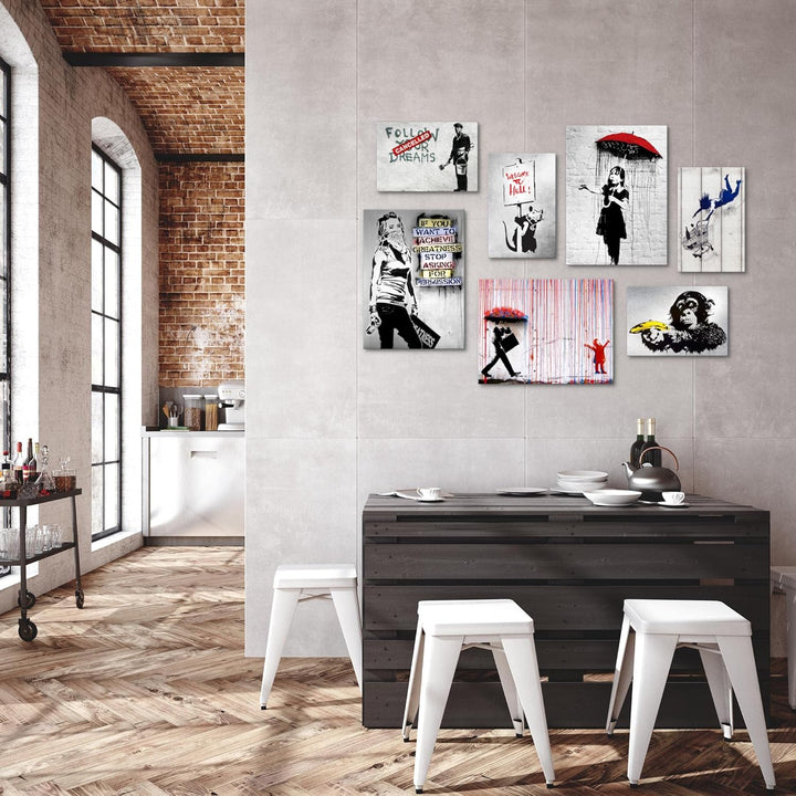 Novart Wandbilder Banksy Collage - KOMPLETT AUFHÄNGFERTIG - Street Art Wohnzimmer Büro - 7 Moderne M