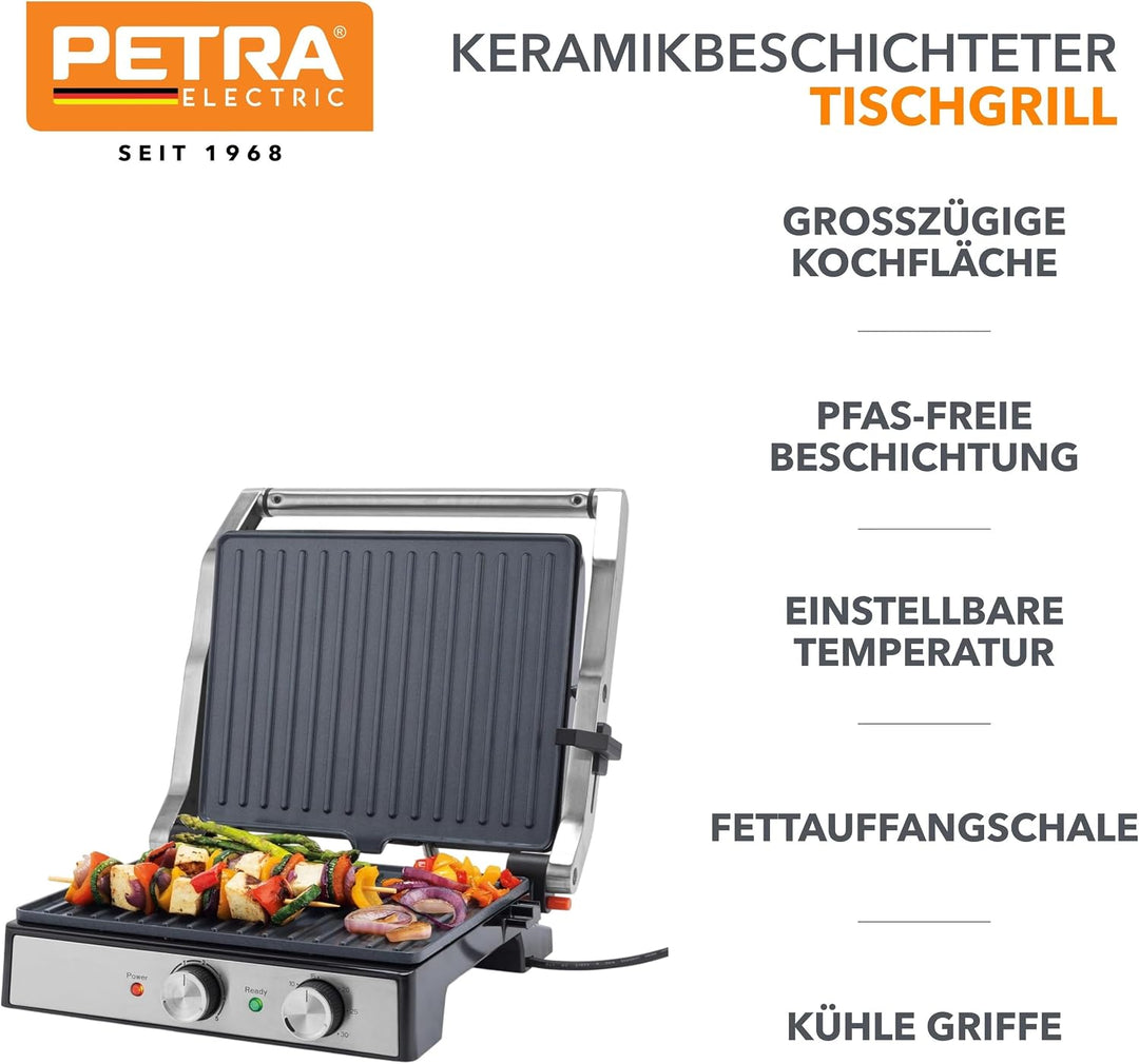 Petra PT6234VDE Kontaktgrill – Elektrogrill, bis zu 180° für das Kochen mit zwei Oberflächen geöffne