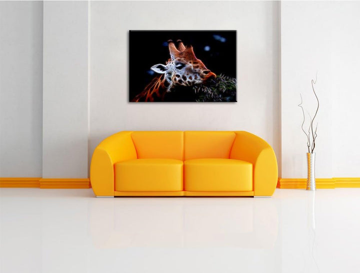 Dark schöne Giraffe beim Fressen Spezial Format: 100x70 cm auf Leinwand, XXL riesige Bilder fertig g